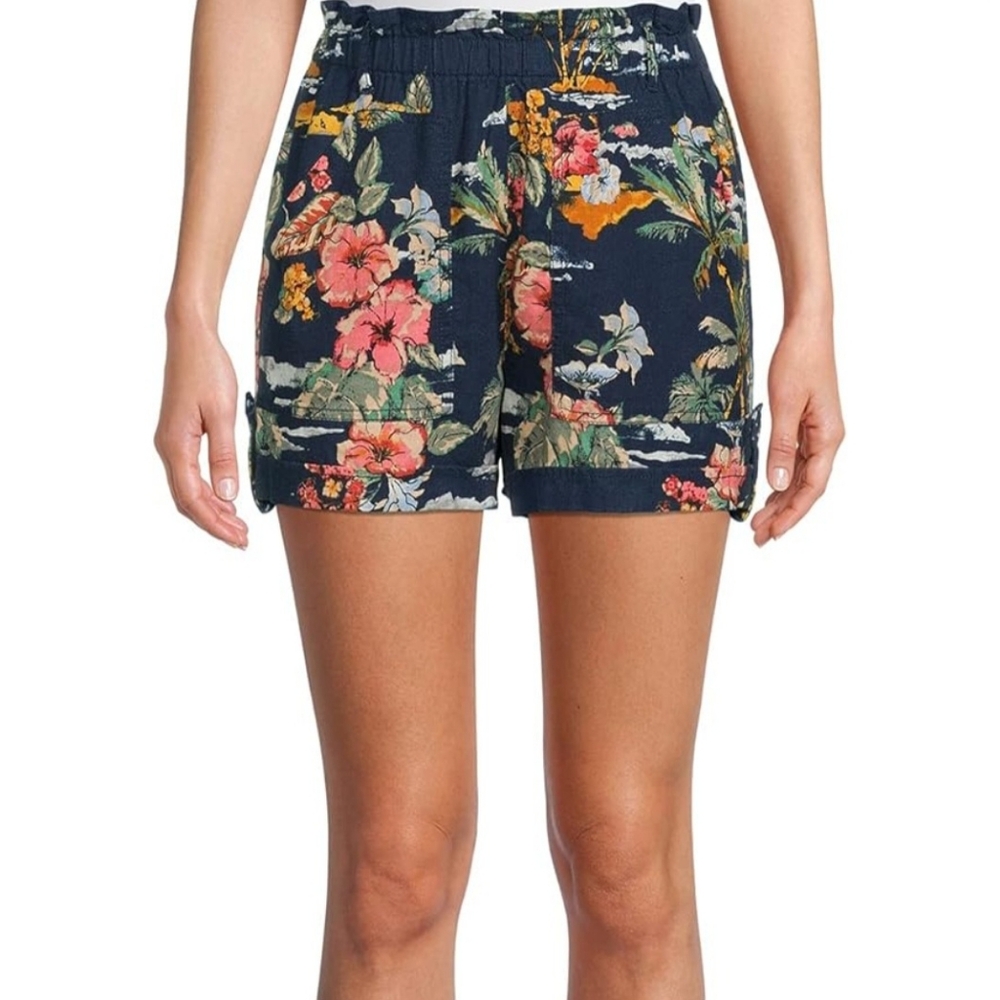 Time and Tru Navy Blue Floral Linen Shorts Women's Plus Size XL 16-18